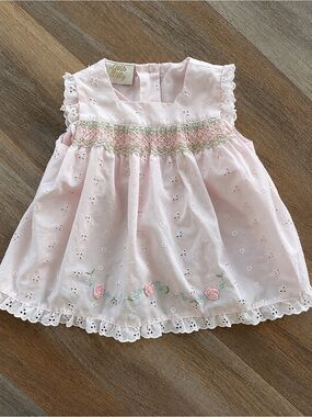 Vintage Little Billy Baby Girl Smocked Eyelet Dress Pink Rosebuds Heirloom 6-9 M